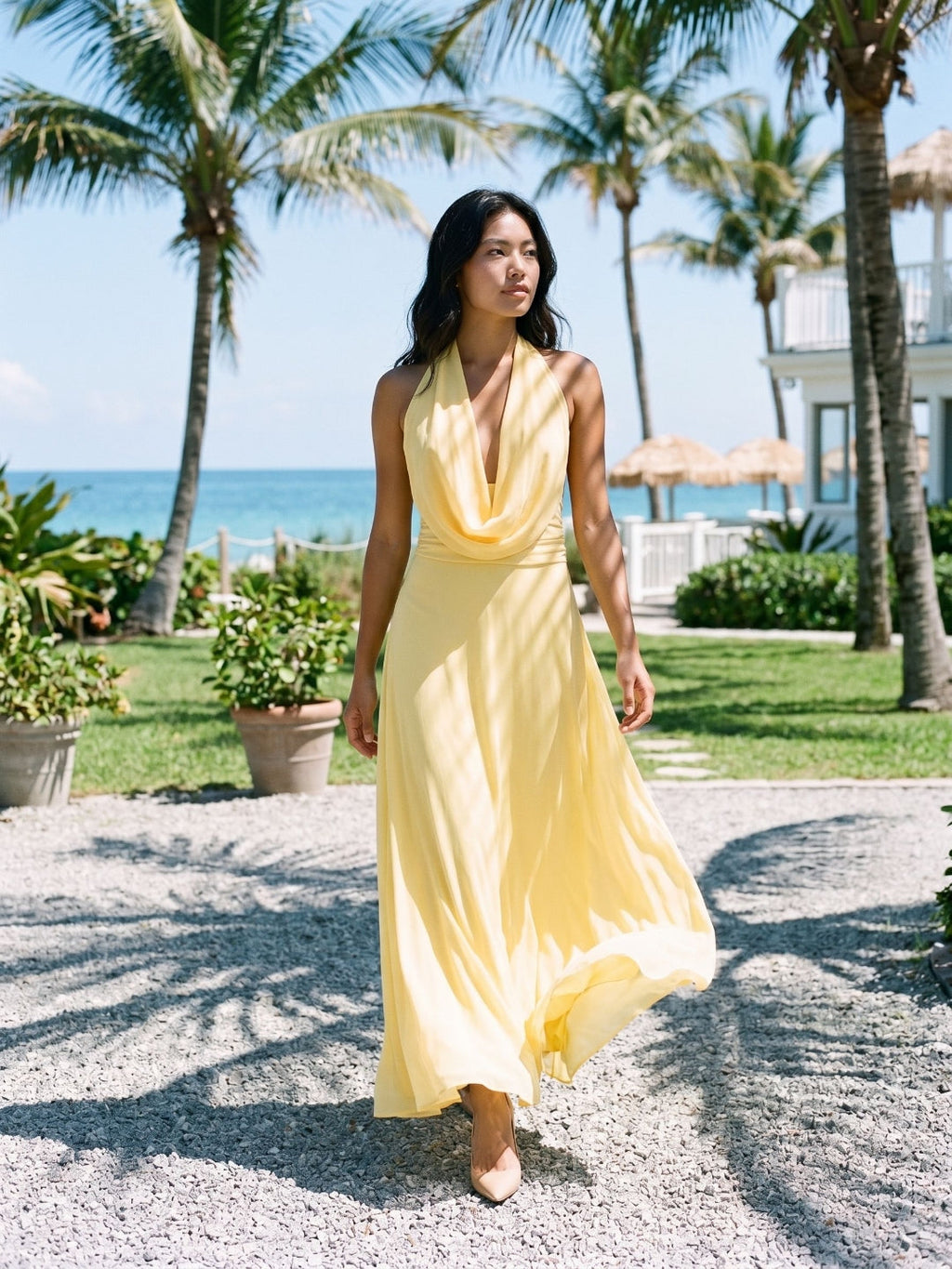 Daffodil Chiffon Column Halter Neckline Backless Ankle-Length Evening Dress - Curvevia