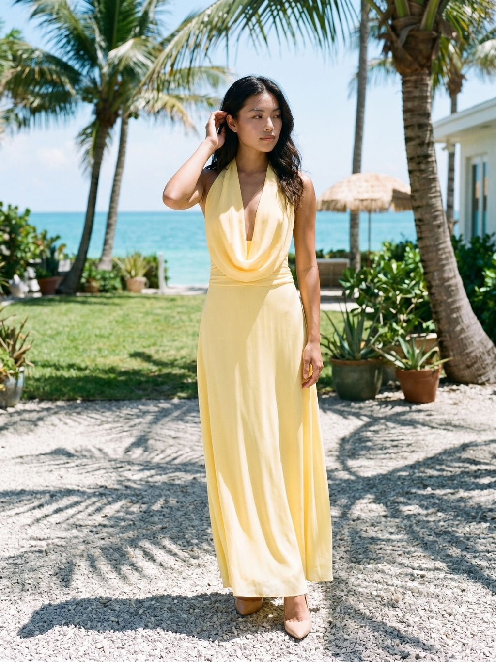 Daffodil Chiffon Column Halter Neckline Backless Ankle-Length Evening Dress - Curvevia