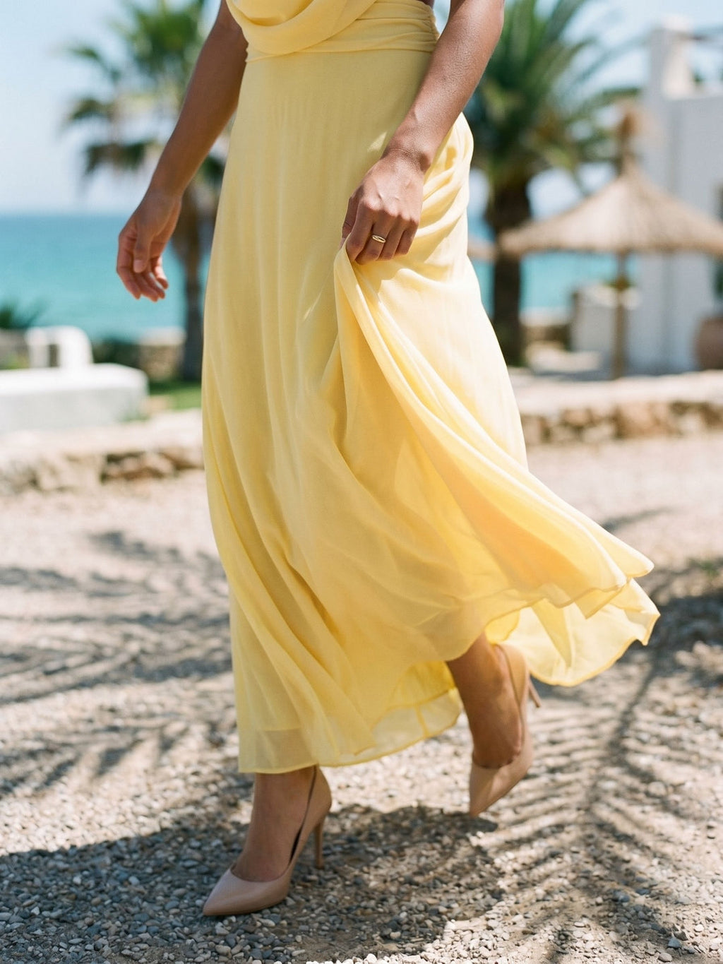 Daffodil Chiffon Column Halter Neckline Backless Ankle-Length Evening Dress - Curvevia