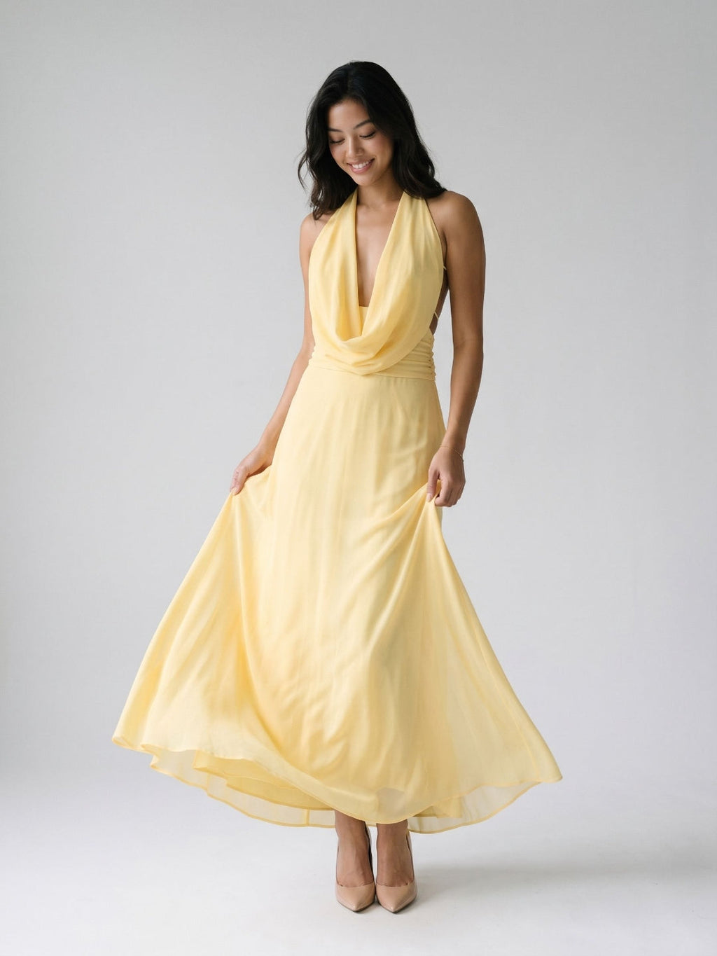 Daffodil Chiffon Column Halter Neckline Backless Ankle-Length Evening Dress - Curvevia