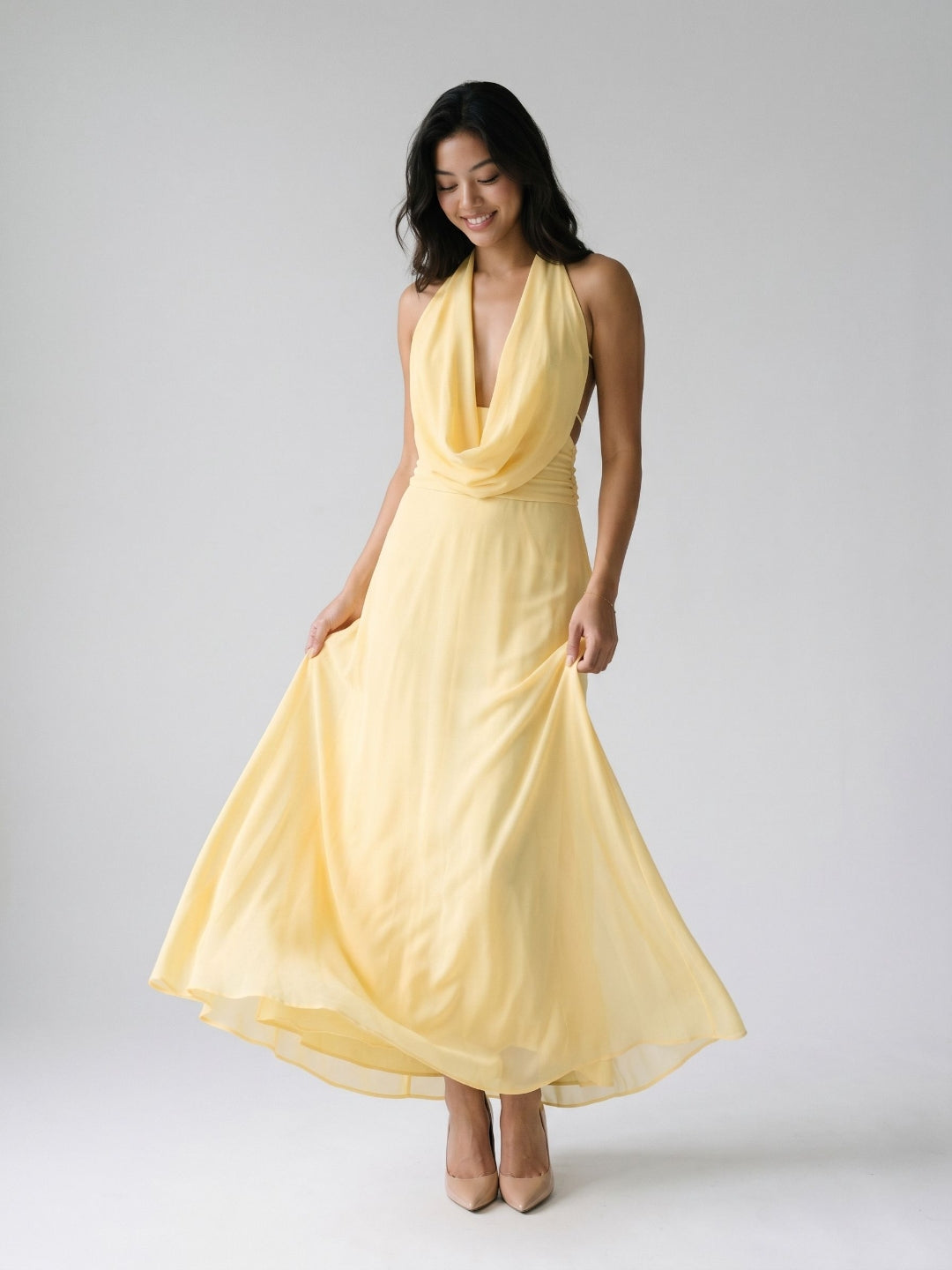 Daffodil Chiffon Column Halter Neckline Backless Ankle-Length Evening Dress - Curvevia
