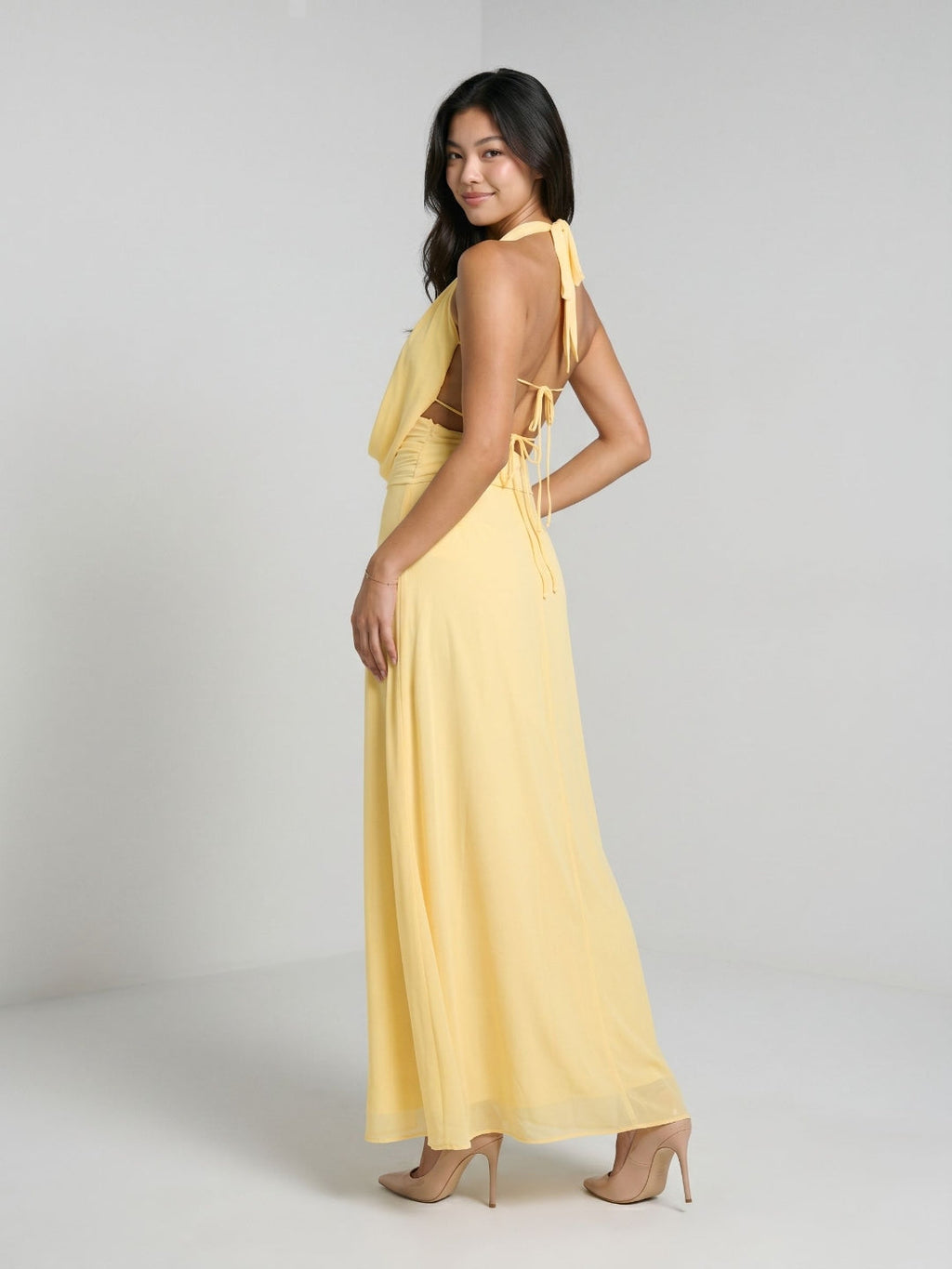 Daffodil Chiffon Column Halter Neckline Backless Ankle-Length Evening Dress - Curvevia