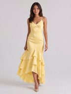 Daffodil Jacquard Mermaid V-Neck Criss-Cross Straps Asymmetrical Formal Dress with Cascading Ruffles - Curvevia