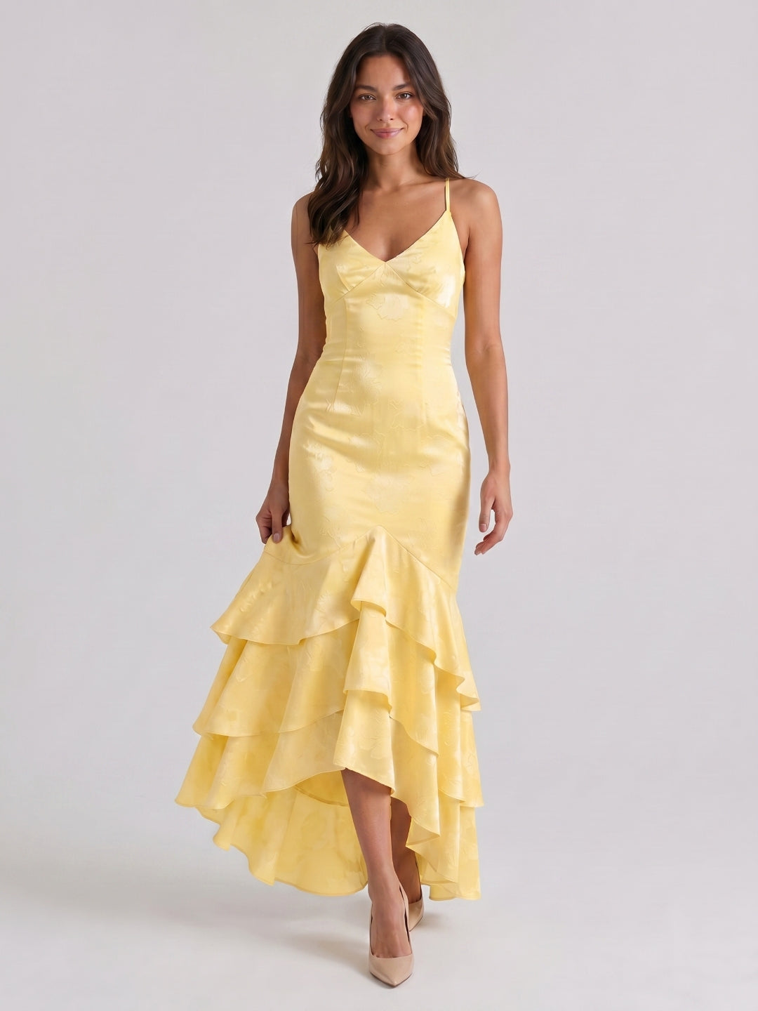 Daffodil Jacquard Mermaid V-Neck Criss-Cross Straps Asymmetrical Formal Dress with Cascading Ruffles - Curvevia