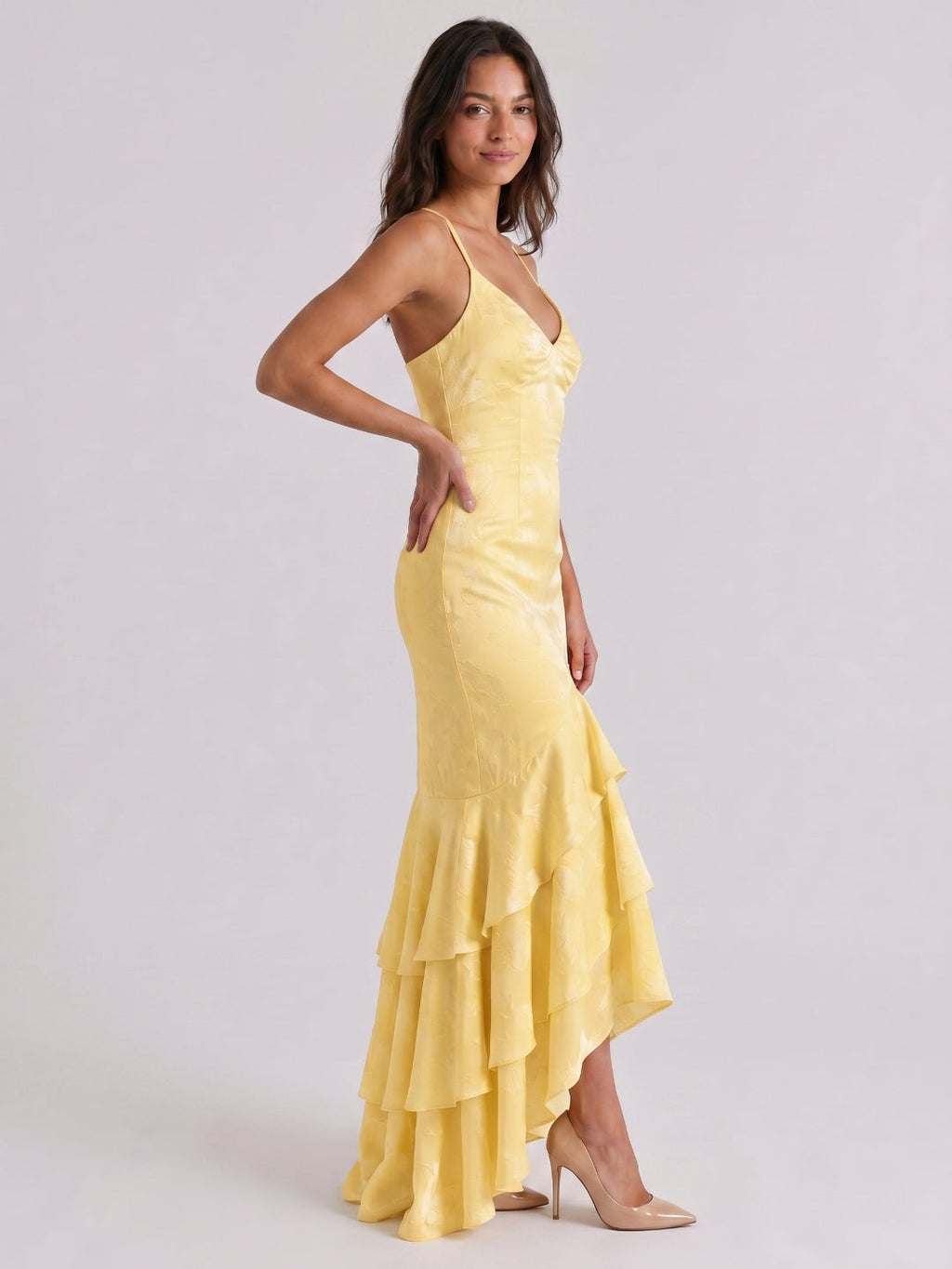 Daffodil Jacquard Mermaid V-Neck Criss-Cross Straps Asymmetrical Formal Dress with Cascading Ruffles - Curvevia