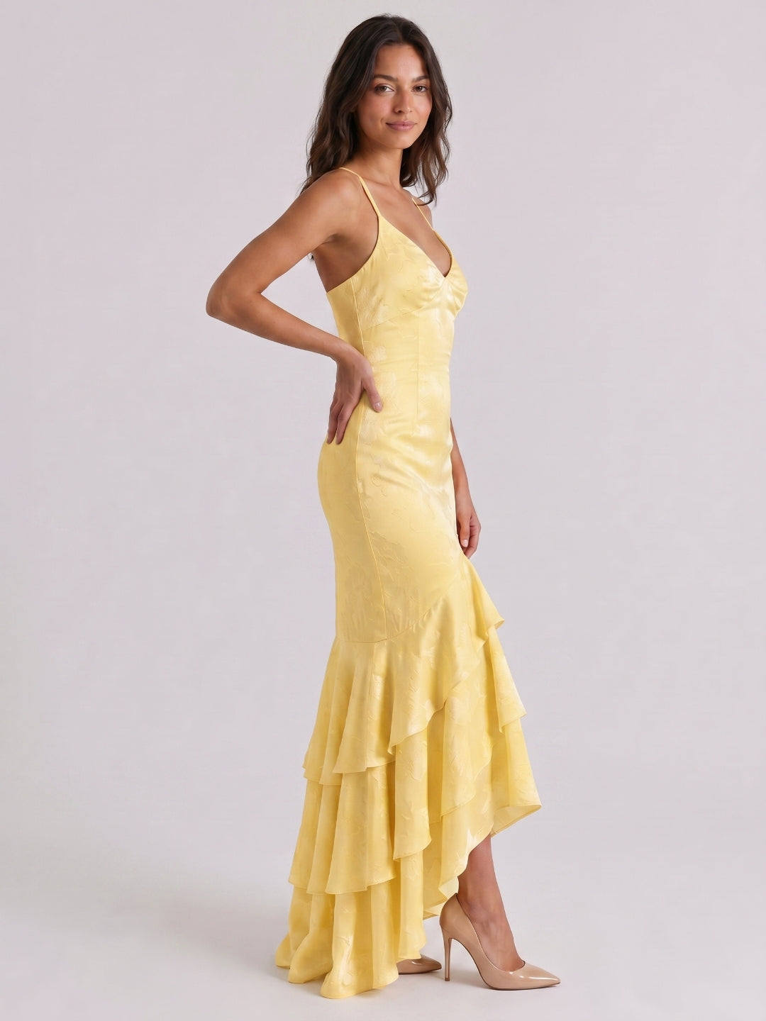 Daffodil Jacquard Mermaid V-Neck Criss-Cross Straps Asymmetrical Formal Dress with Cascading Ruffles - Curvevia