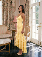 Daffodil Jacquard Mermaid V-Neck Criss-Cross Straps Asymmetrical Formal Dress with Cascading Ruffles - Curvevia