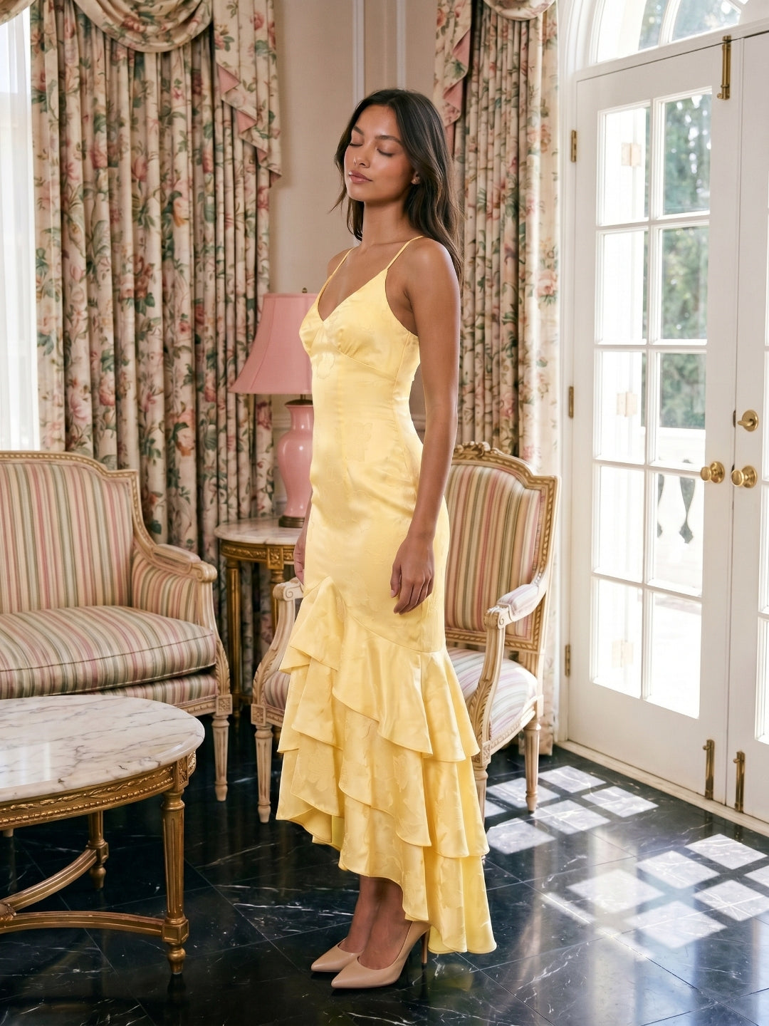 Daffodil Jacquard Mermaid V-Neck Criss-Cross Straps Asymmetrical Formal Dress with Cascading Ruffles - Curvevia