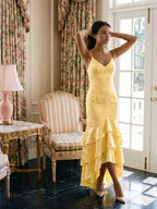 Daffodil Jacquard Mermaid V-Neck Criss-Cross Straps Asymmetrical Formal Dress with Cascading Ruffles - Curvevia