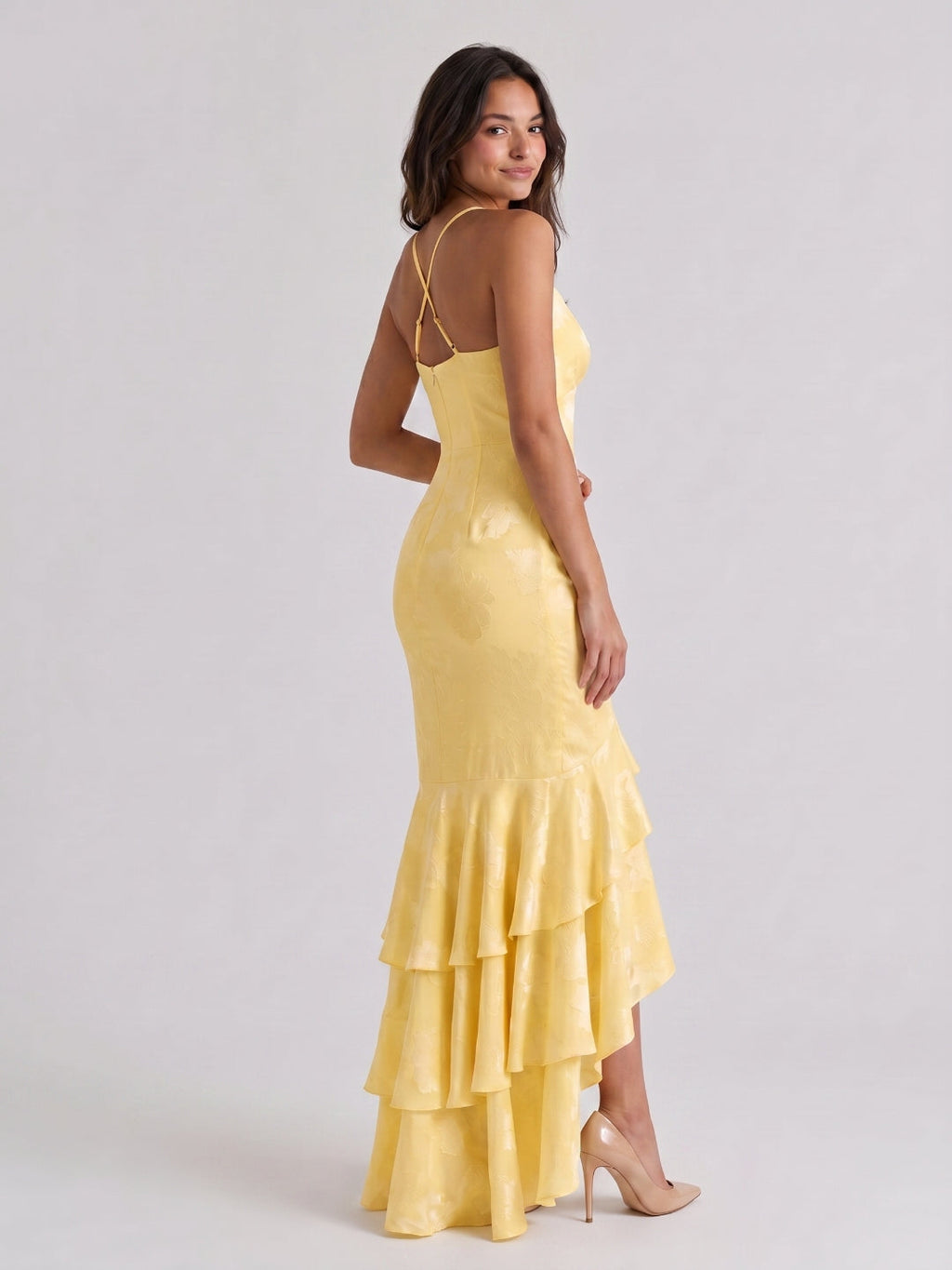 Daffodil Jacquard Mermaid V-Neck Criss-Cross Straps Asymmetrical Formal Dress with Cascading Ruffles - Curvevia