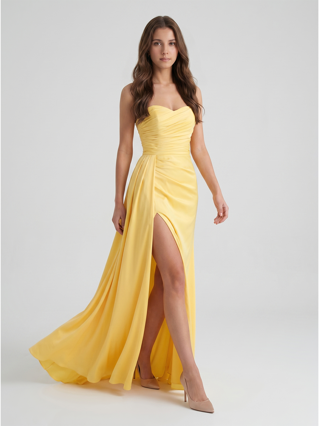 Daffodil Matte Satin A-Line Straight Neck Backless Floor-Length Bridesmaid Dress with Pleats - Curvevia