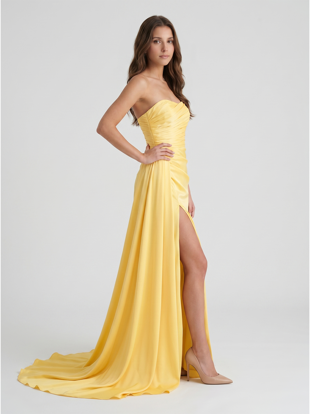 Daffodil Matte Satin A-Line Straight Neck Backless Floor-Length Bridesmaid Dress with Pleats - Curvevia