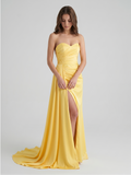 Daffodil Matte Satin A-Line Straight Neck Backless Floor-Length Bridesmaid Dress with Pleats - Curvevia