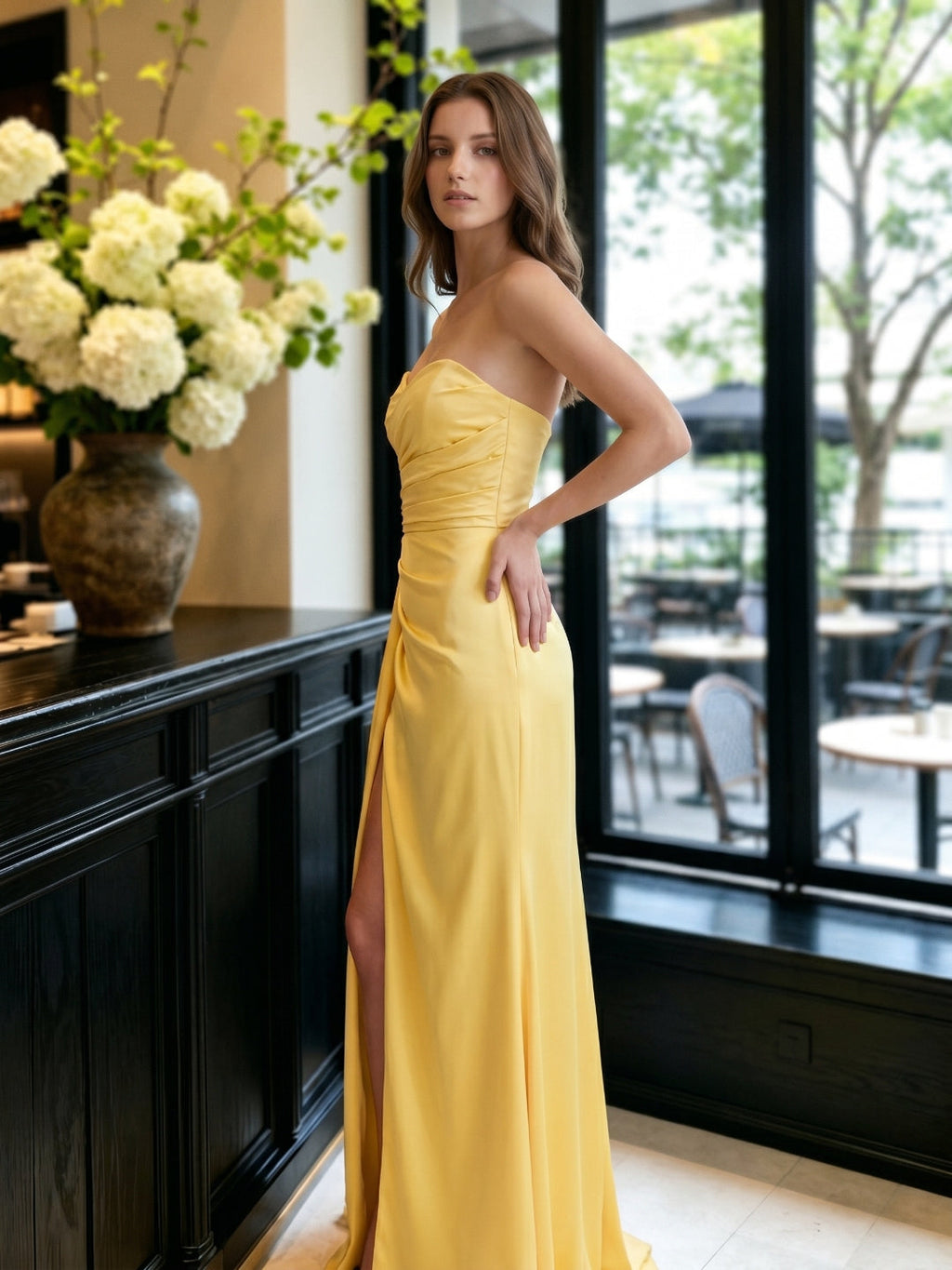 Daffodil Matte Satin A-Line Straight Neck Backless Floor-Length Bridesmaid Dress with Pleats - Curvevia