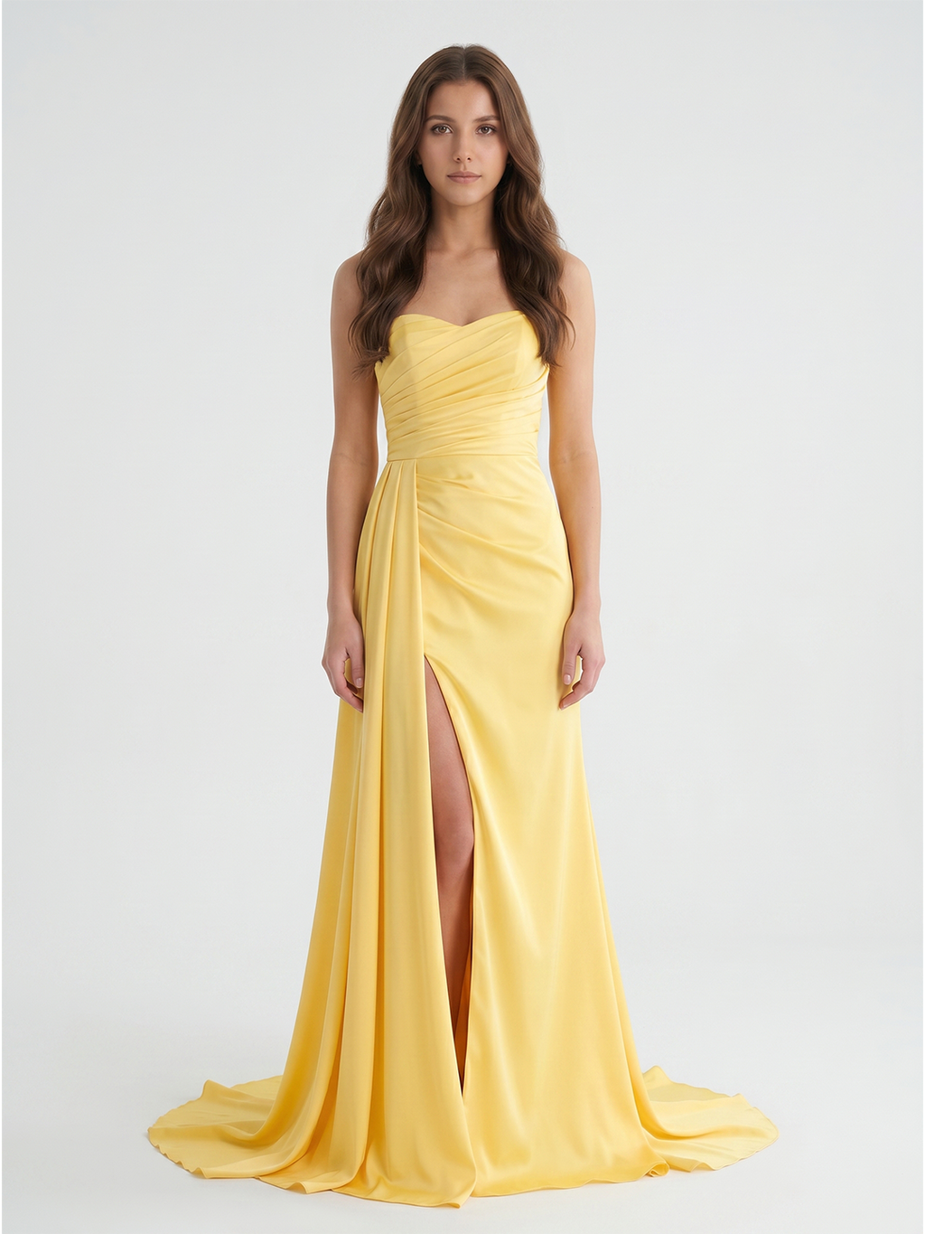 Daffodil Matte Satin A-Line Straight Neck Backless Floor-Length Bridesmaid Dress with Pleats - Curvevia