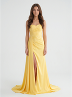 Daffodil Matte Satin A-Line Straight Neck Backless Floor-Length Bridesmaid Dress with Pleats - Curvevia