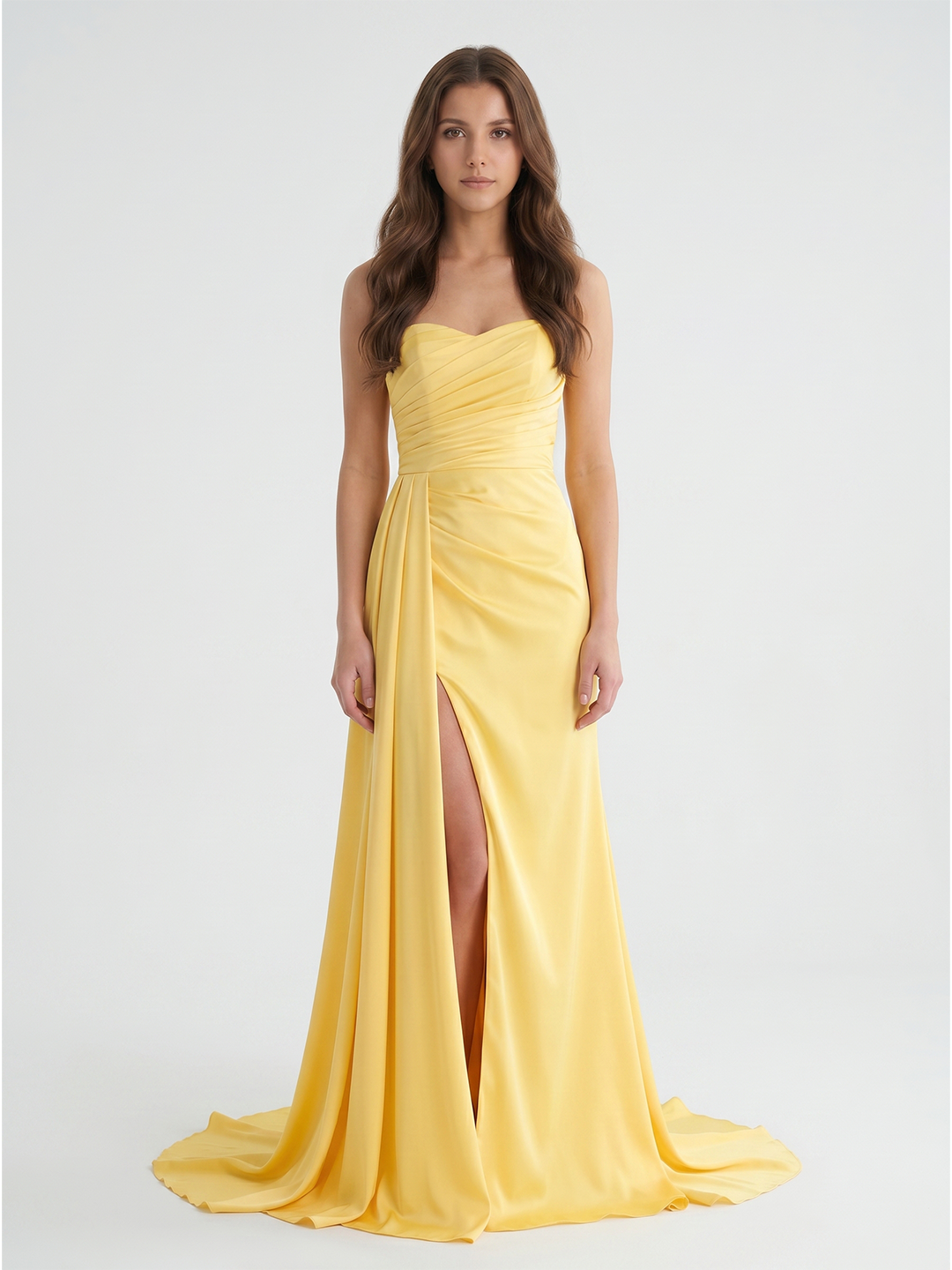Daffodil Matte Satin A-Line Straight Neck Backless Floor-Length Bridesmaid Dress with Pleats - Curvevia
