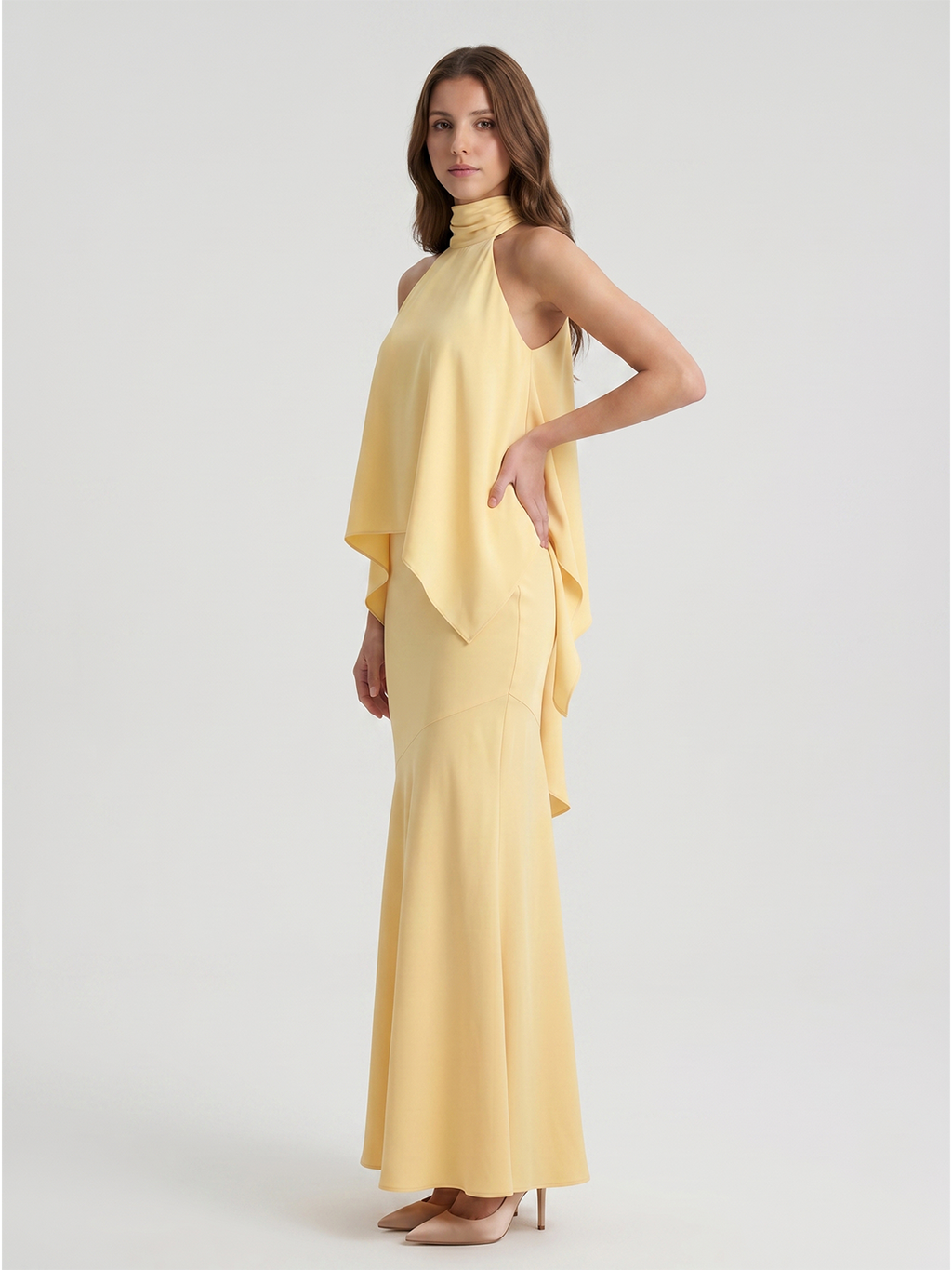 Daffodil Matte Satin Mermaid Halter Illusion Floor-Length Bridesmaid Dress with Cape - Curvevia