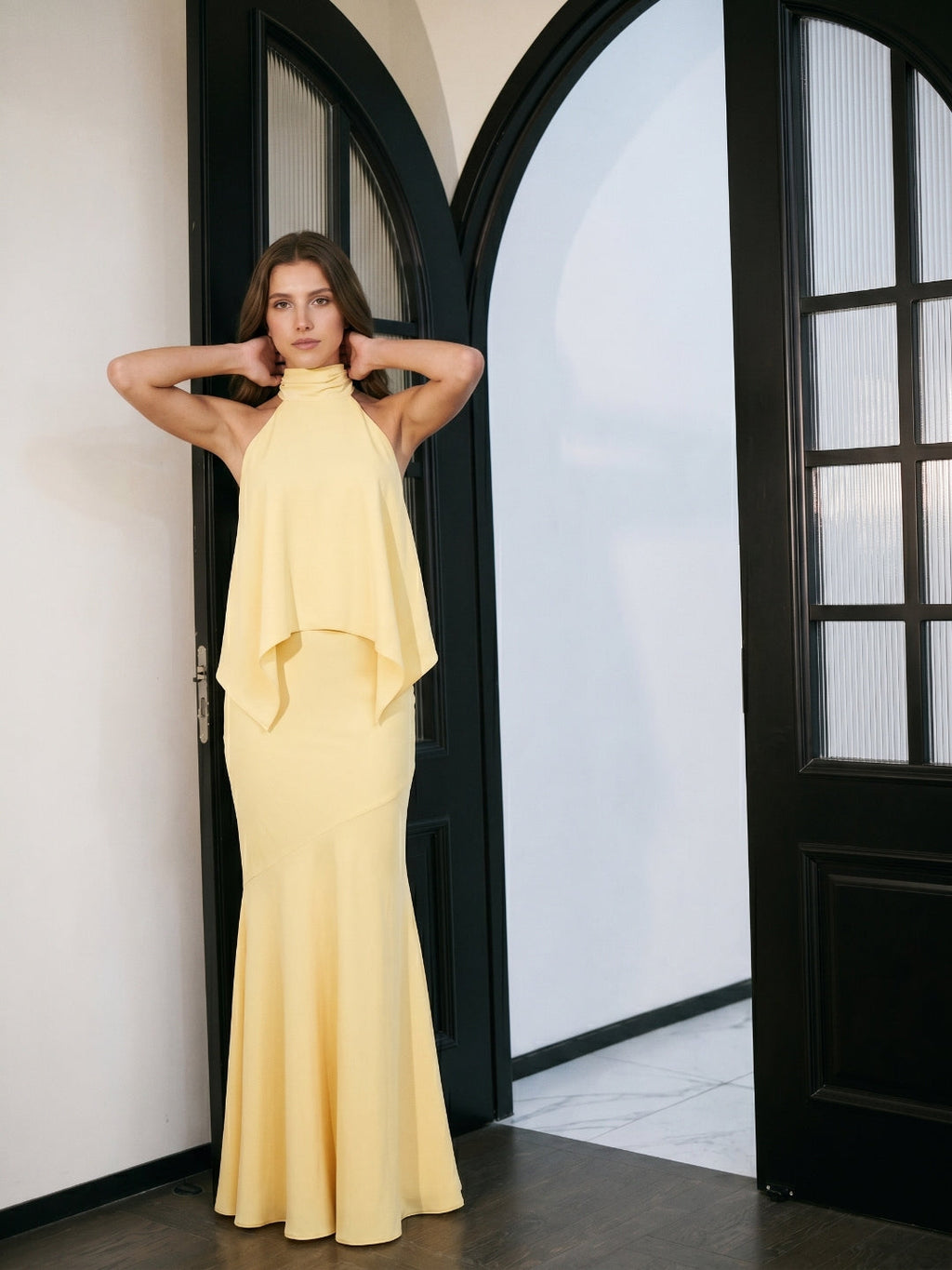 Daffodil Matte Satin Mermaid Halter Illusion Floor-Length Bridesmaid Dress with Cape - Curvevia