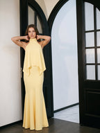 Daffodil Matte Satin Mermaid Halter Illusion Floor-Length Bridesmaid Dress with Cape - Curvevia