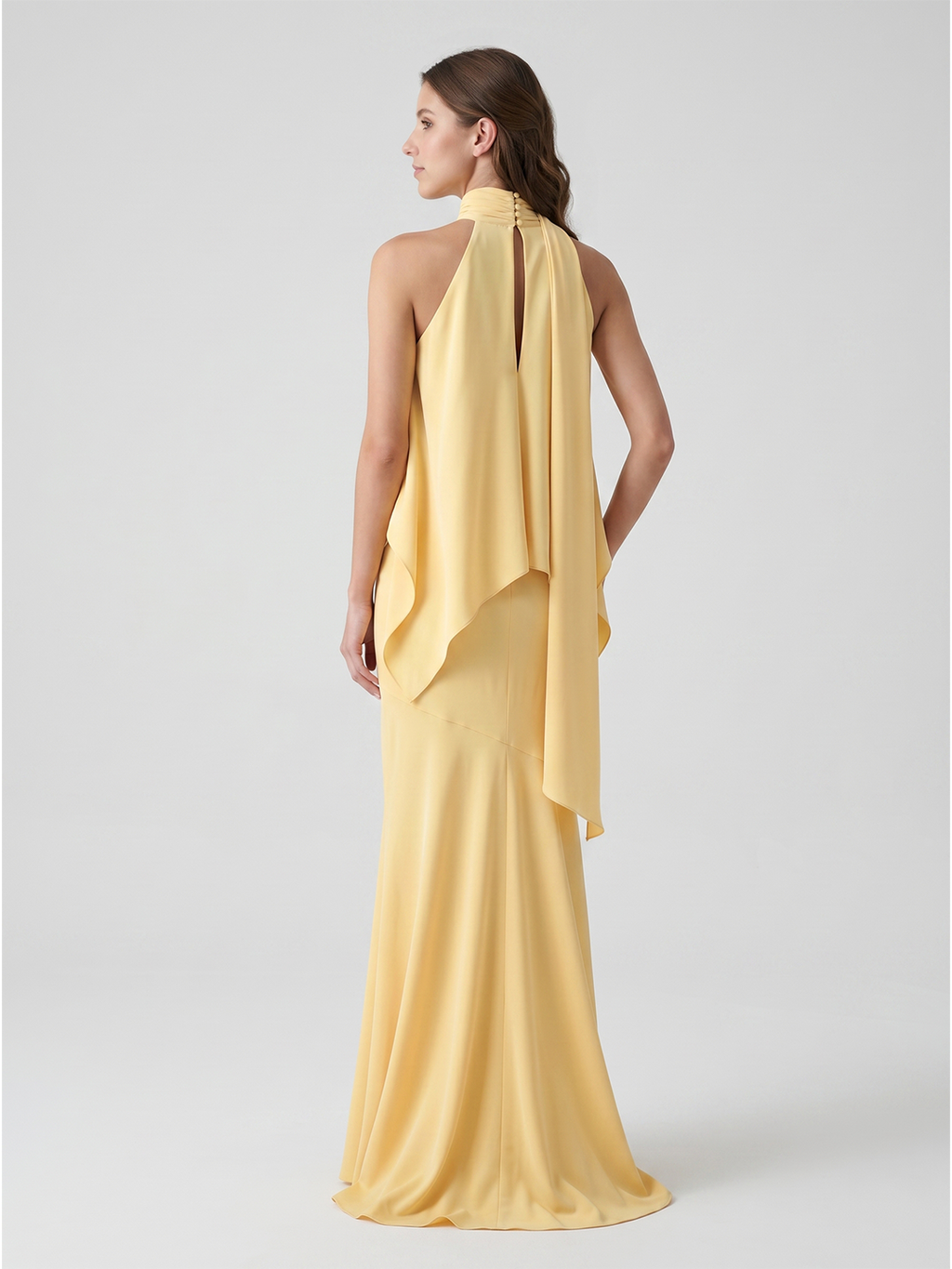 Daffodil Matte Satin Mermaid Halter Illusion Floor-Length Bridesmaid Dress with Cape - Curvevia