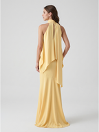 Daffodil Matte Satin Mermaid Halter Illusion Floor-Length Bridesmaid Dress with Cape - Curvevia