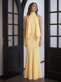 Daffodil Matte Satin Mermaid Halter Illusion Floor-Length Bridesmaid Dress with Cape - Curvevia