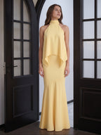 Daffodil Matte Satin Mermaid Halter Illusion Floor-Length Bridesmaid Dress with Cape - Curvevia