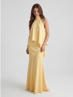 Daffodil Matte Satin Mermaid Halter Illusion Floor-Length Bridesmaid Dress with Cape - Curvevia