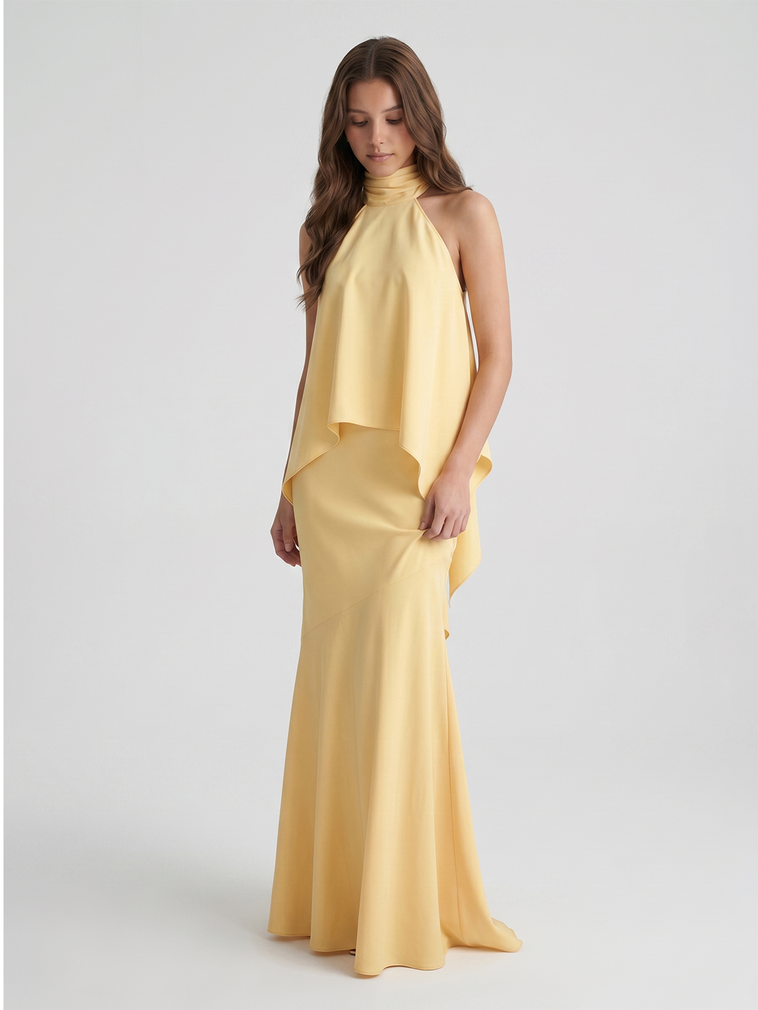 Daffodil Matte Satin Mermaid Halter Illusion Floor-Length Bridesmaid Dress with Cape - Curvevia