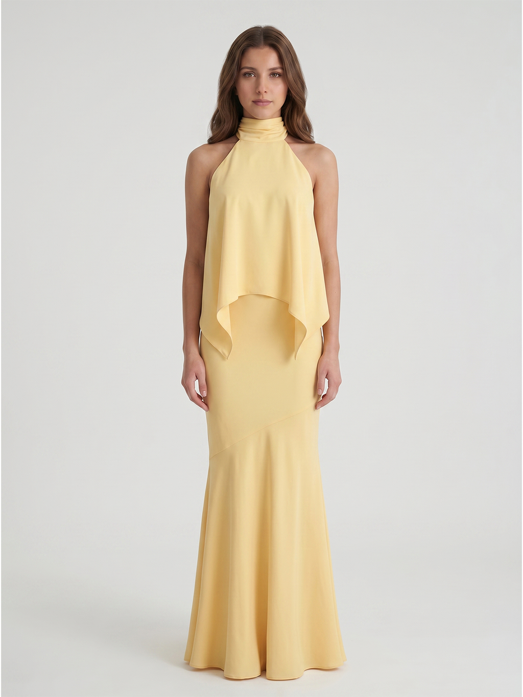 Daffodil Matte Satin Mermaid Halter Illusion Floor-Length Bridesmaid Dress with Cape - Curvevia