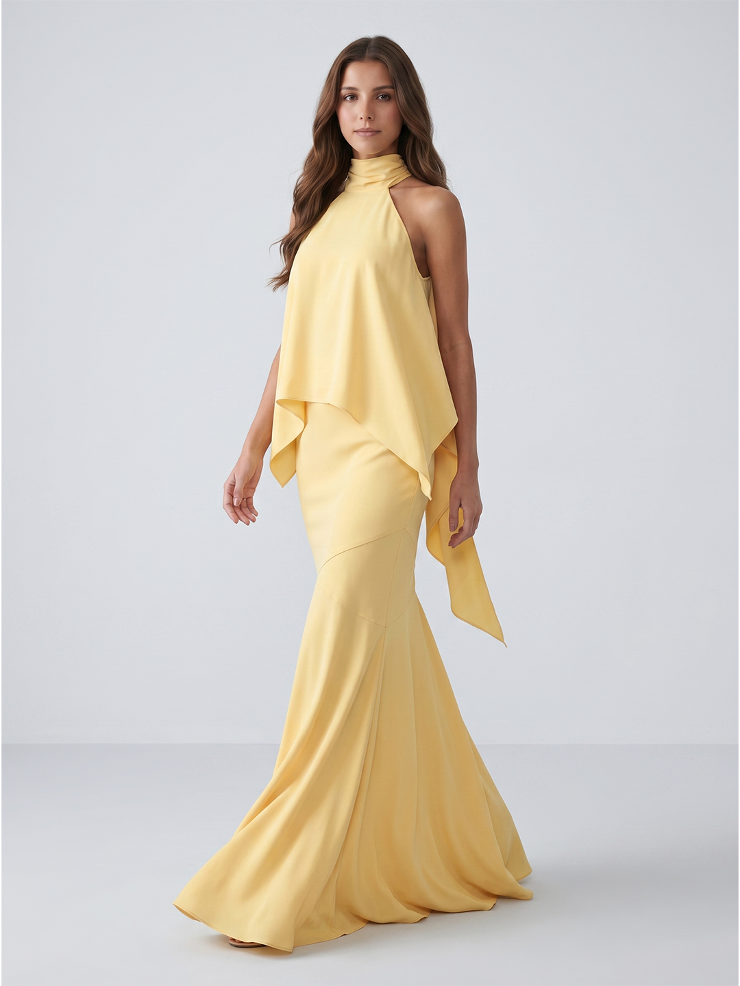 Daffodil Matte Satin Mermaid Halter Illusion Floor-Length Bridesmaid Dress with Cape - Curvevia