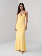 Daffodil Matte Satin Sheath Halter Neckline Backless Floor-Length Formal Dress with Pleating - Curvevia