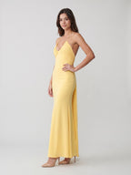 Daffodil Matte Satin Sheath Halter Neckline Backless Floor-Length Formal Dress with Pleating - Curvevia