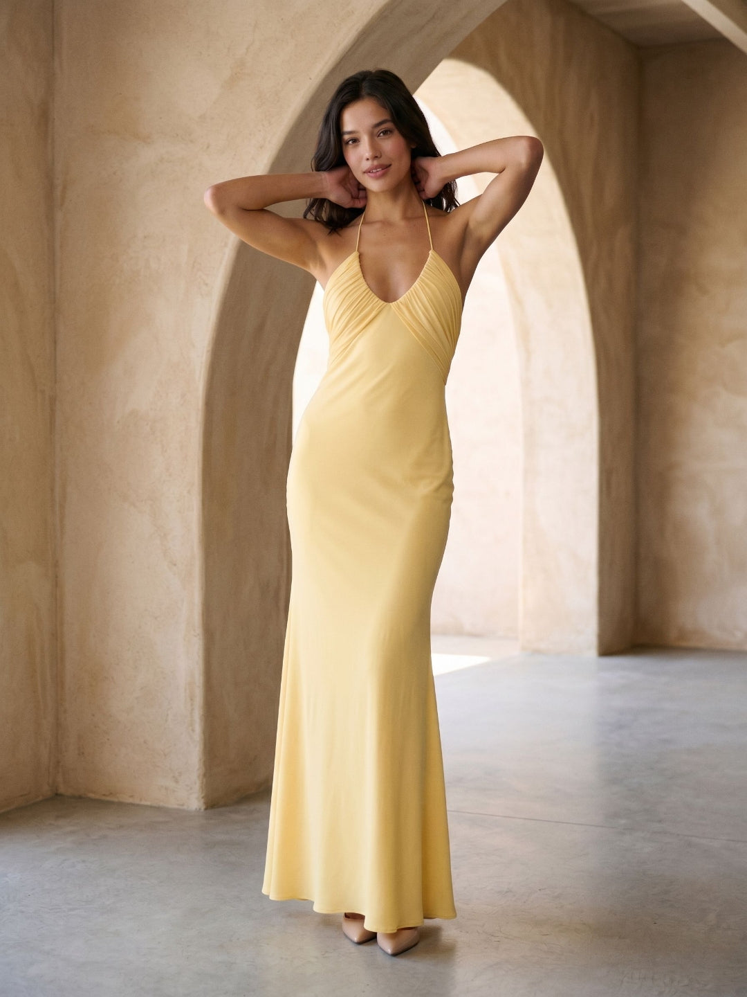 Daffodil Matte Satin Sheath Halter Neckline Backless Floor-Length Formal Dress with Pleating - Curvevia