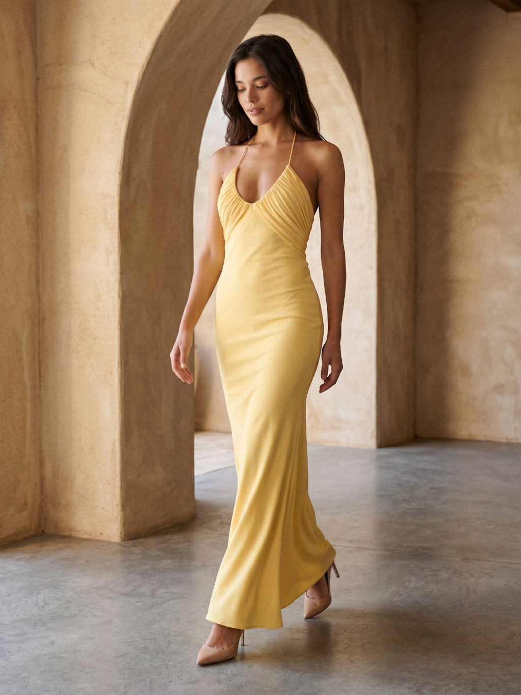 Daffodil Matte Satin Sheath Halter Neckline Backless Floor-Length Formal Dress with Pleating - Curvevia