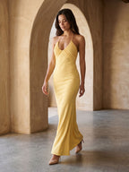 Daffodil Matte Satin Sheath Halter Neckline Backless Floor-Length Formal Dress with Pleating - Curvevia