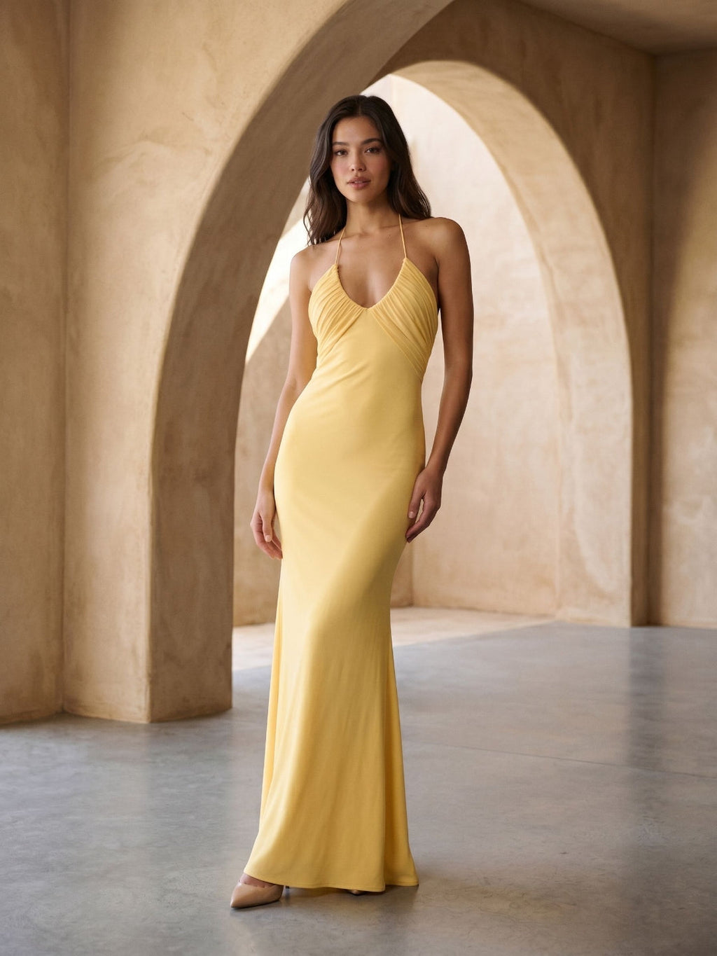 Daffodil Matte Satin Sheath Halter Neckline Backless Floor-Length Formal Dress with Pleating - Curvevia