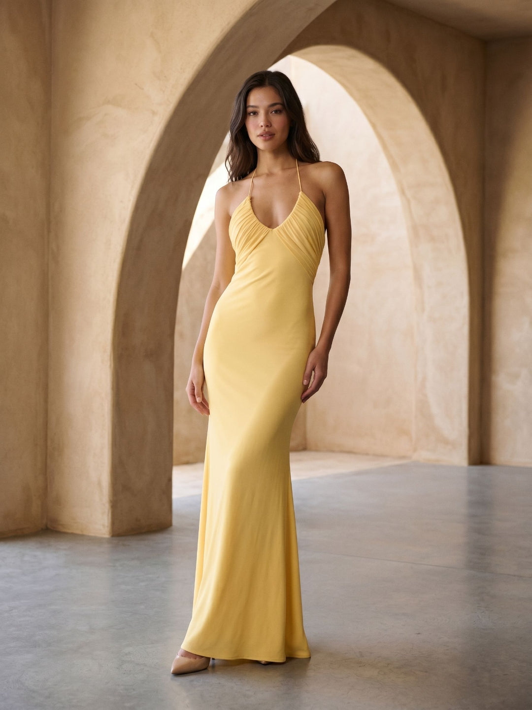 Daffodil Matte Satin Sheath Halter Neckline Backless Floor-Length Formal Dress with Pleating - Curvevia