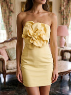 Daffodil Matte Satin Sheath Straight Neck Back Zip Short Mini Dress with 3D Flower - Curvevia