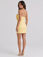 Daffodil Matte Satin Sheath Straight Neck Back Zip Short Mini Dress with 3D Flower - Curvevia
