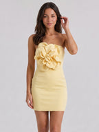 Daffodil Matte Satin Sheath Straight Neck Back Zip Short Mini Dress with 3D Flower - Curvevia