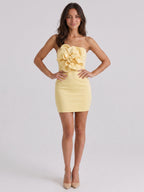 Daffodil Matte Satin Sheath Straight Neck Back Zip Short Mini Dress with 3D Flower - Curvevia