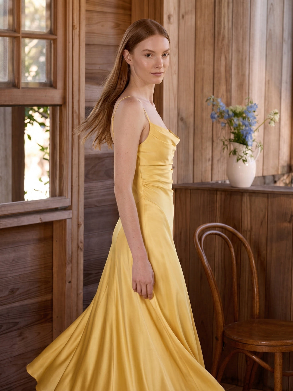 Daffodil Satin A-Line Cowl Neck Lace-up Floor-Length Bridesmaid Dress with Pleats - Curvevia