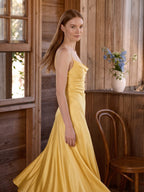 Daffodil Satin A-Line Cowl Neck Lace-up Floor-Length Bridesmaid Dress with Pleats - Curvevia