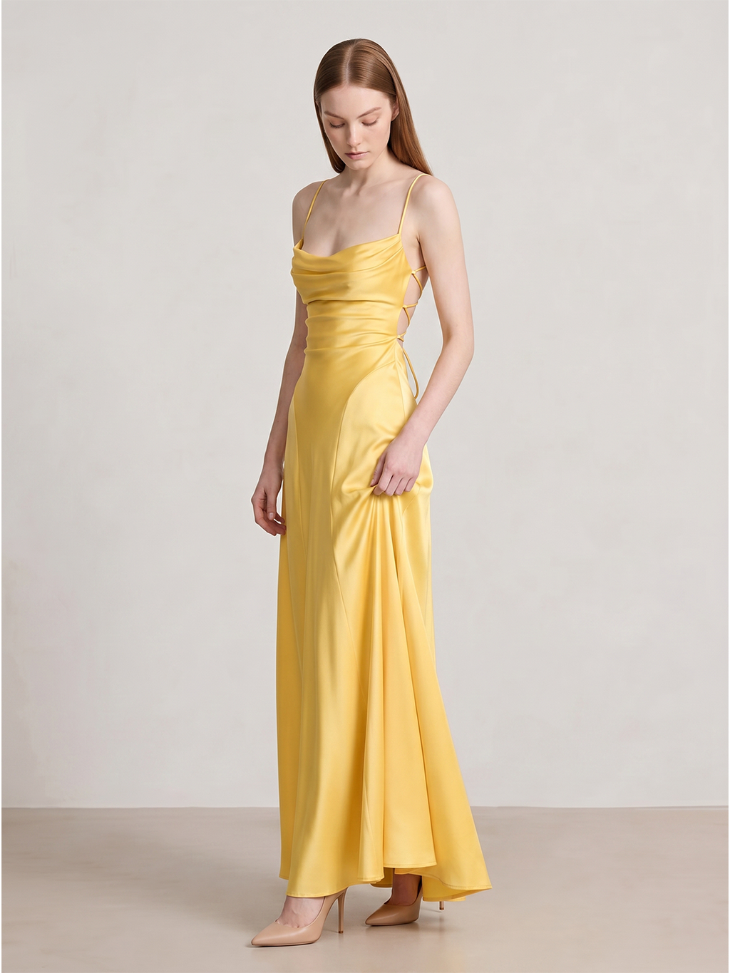 Daffodil Satin A-Line Cowl Neck Lace-up Floor-Length Bridesmaid Dress with Pleats - Curvevia