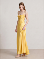 Daffodil Satin A-Line Cowl Neck Lace-up Floor-Length Bridesmaid Dress with Pleats - Curvevia