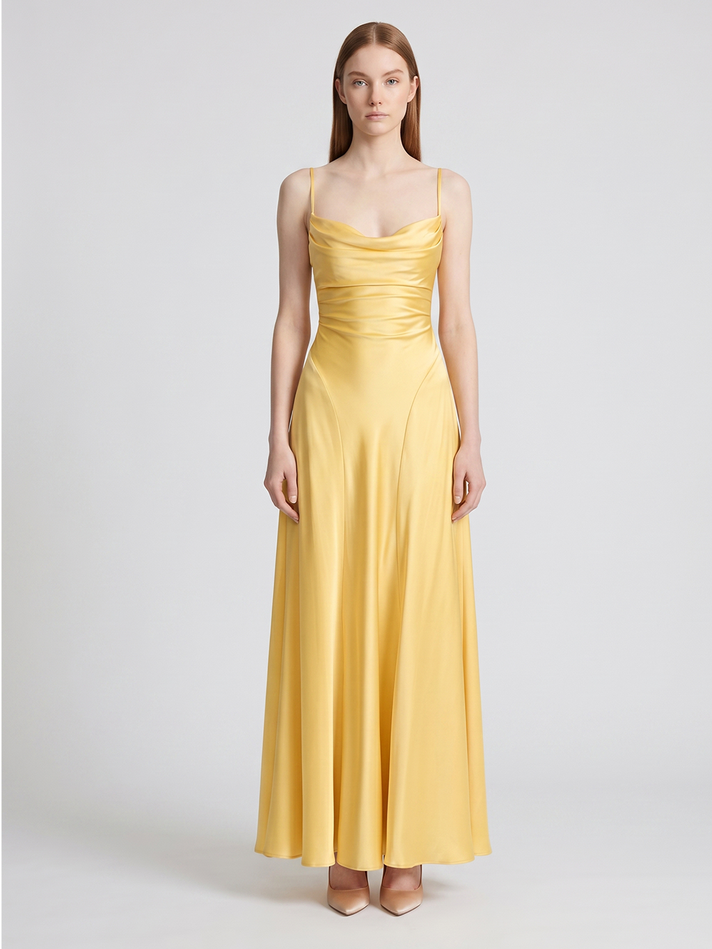 Daffodil Satin A-Line Cowl Neck Lace-up Floor-Length Bridesmaid Dress with Pleats - Curvevia