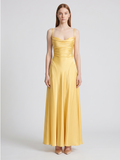 Daffodil Satin A-Line Cowl Neck Lace-up Floor-Length Bridesmaid Dress with Pleats - Curvevia