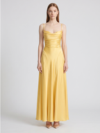 Daffodil Satin A-Line Cowl Neck Lace-up Floor-Length Bridesmaid Dress with Pleats - Curvevia